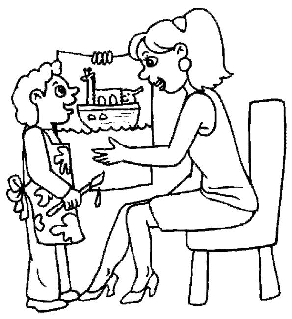 Online coloring book: The little boy hands his mother a drawing